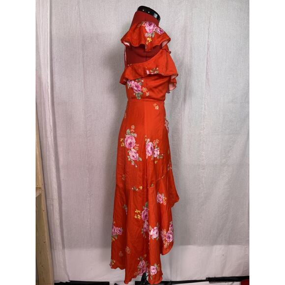 Altar'd State Women's Red Floral Satin Maxi Dress XS V-Neck High Low *read E108 - Picture 8 of 14